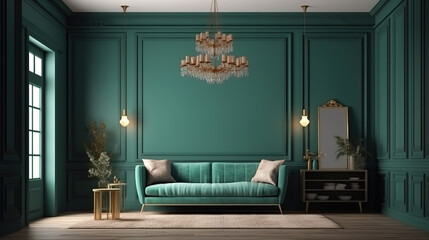 Wall mockup, dark green farmhouse living room interior background. Generative Ai