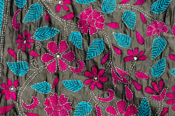 A piece of embroidered cloth. Nakshi kantha stitch. Handicraft of West Bengal, India