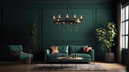 Wall mockup, dark green farmhouse living room interior background. Generative Ai