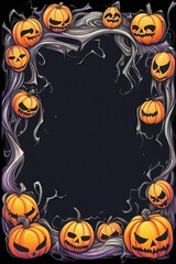 AI generated Halloween frame with pumpkins, skull and ribbons on black background