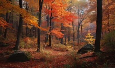  a painting of a forest with rocks and trees in fall colors.  generative ai