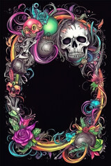 AI generated Skull and flower frame. Hand drawn illustration