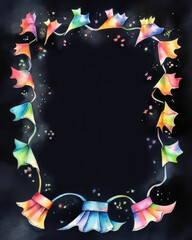 AI generated Watercolor frame with confetti and ribbons on black background