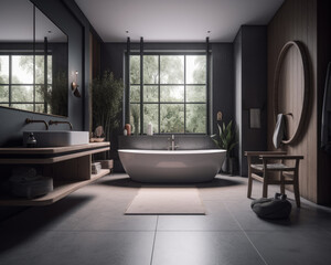 Big spacious bathroom in grey color palette. Modern interior with bathtub under the window. Generative AI.