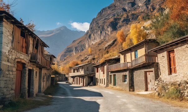  a dirt road in a village with mountains in the background.  generative ai