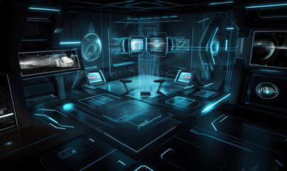 Futuristic interior of the digital room with neon light screens on the dark walls. New technologies concept. Generative AI.