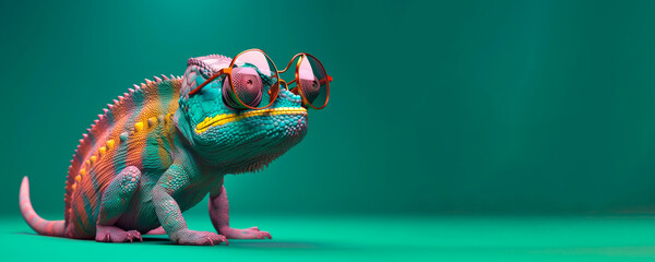 chameleon wearing sunglasses on a solid color background, vector art, digital art, faceted, minimal, abstract, panorama background. Generative AI.
 © andrenascimento