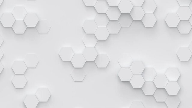 Abstract motion background from random moving white hexagons. Abstract honeycomb background. Lightweight, minimal, moving hex grid. Seamless loop animation