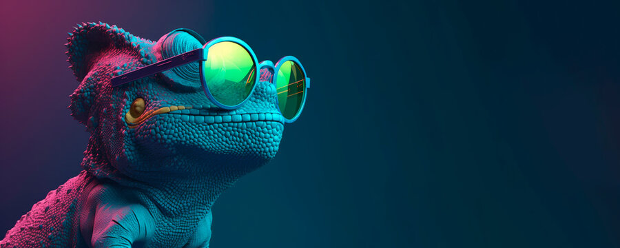 Chameleon Wearing Sunglasses On A Solid Color Background, Vector Art, Digital Art, Faceted, Minimal, Abstract, Panorama Background. Generative AI.
