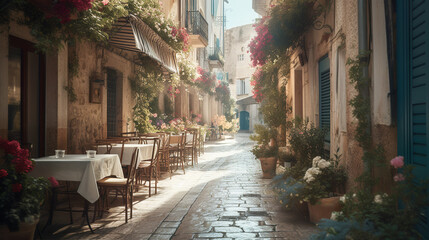 Fototapeta na wymiar Empty mediterranean narrow street with cafe