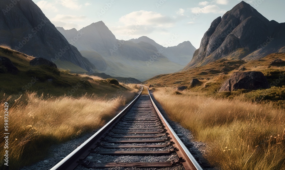 Poster a train track with a mountain in the background and grass in the foreground. generative ai