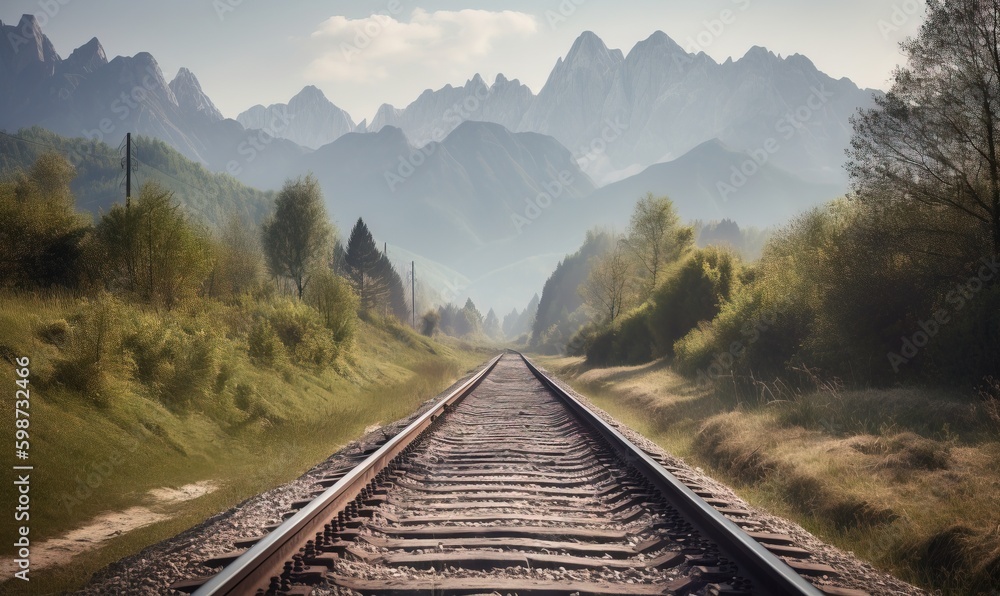 Poster a train track running through a lush green forest filled with trees. generative ai