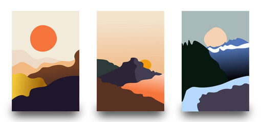 Minimalist abstract landscape illustrations. Set of hand drawn contemporary artistic posters.