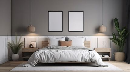 Picture frame mockup psd in a bright and clean modern bedroom. Generative Ai