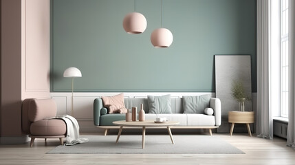 Scandinavian living room interior, wall mockup, 3d render, Bright color. Generative Ai