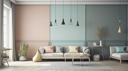 Minimal living room with yellow sofa and carpet, interior design ideas. Generative Ai