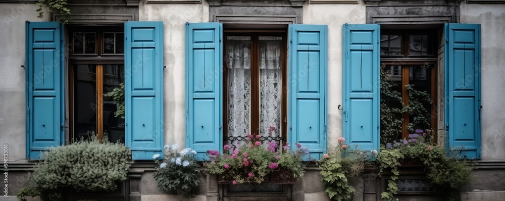 Poster a building with blue shutters and flowers in front of it. generative ai