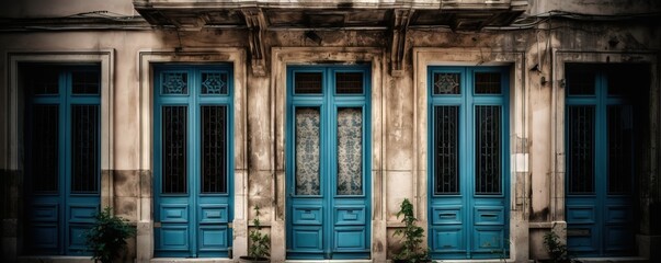  a building with three blue doors and a plant in front of it.  generative ai