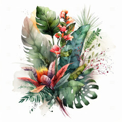 Obraz premium Watercolor tropical flowers. Illustration AI Generative