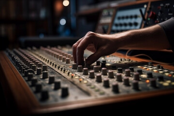 hands adjusting the levels on a mixing console. generative AI