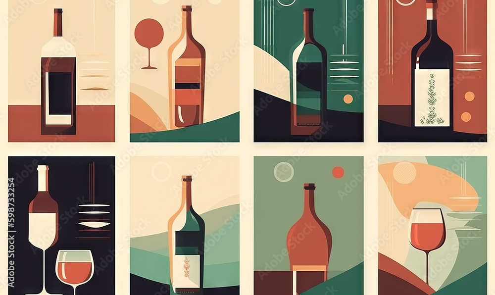 Poster a series of six wine bottles and glasses with wine in them. generative ai