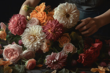 hands arranging a beautiful bouquet of flowers. generative AI