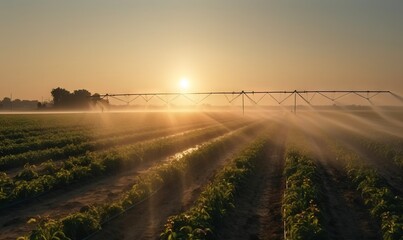  the sun is setting over a farm field with a sprinkler in the foreground.  generative ai