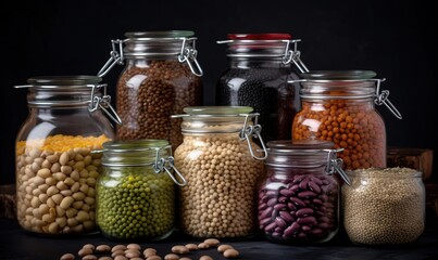 a group of jars filled with different types of beans and beans.  generative ai