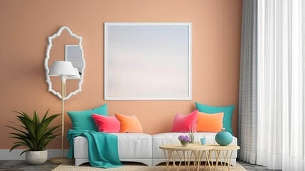 Coastal style living room interior with frame mockup. Generative Ai