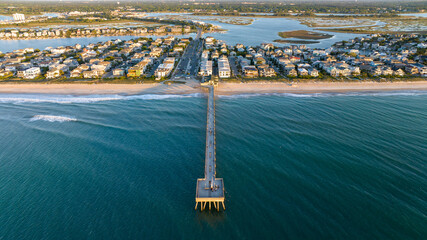 Drone photo of the Johnnie Mercers Fishing Pier in Wrightsville Beach, NC.