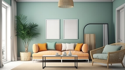 Modern living room with sofa and frame mockup. Generative Ai