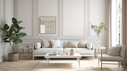 Fototapeta na wymiar Modern living room with sofa and frame mockup. Generative Ai