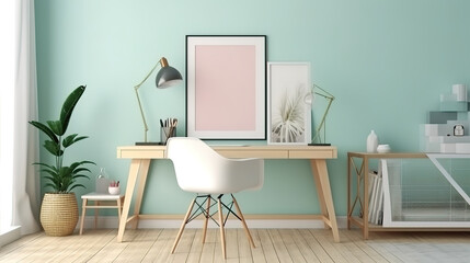 Cozy workplace interior at home with frame mockup. Generative Ai
