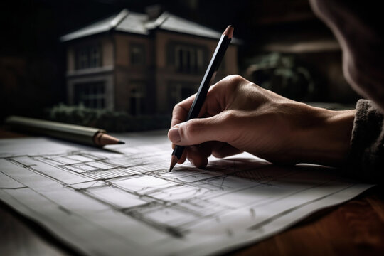 hands sketching a detailed architectural blueprint. generative AI