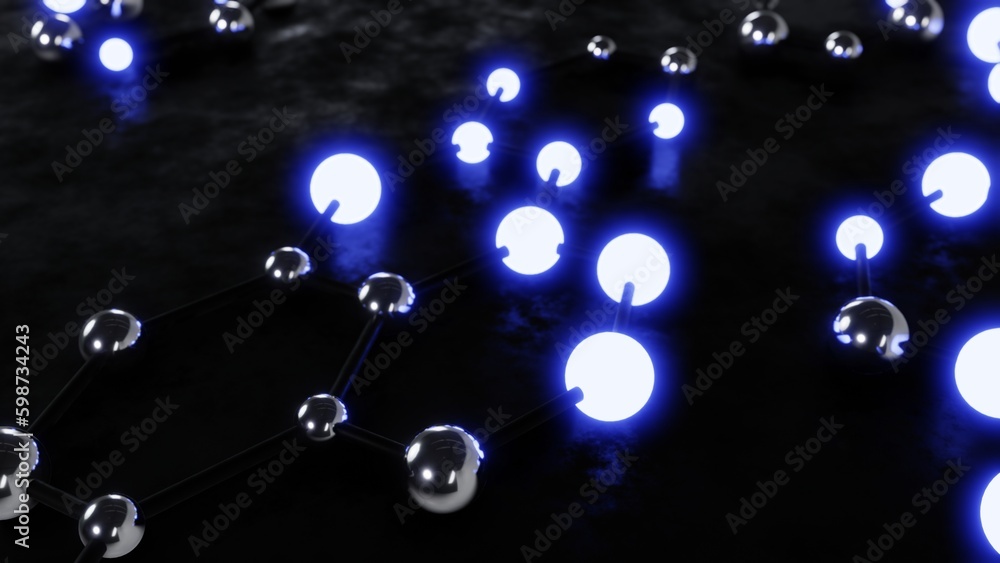 Poster abstract sci-fi background with plexus structure of neon glowing and metallic spheres. connection co
