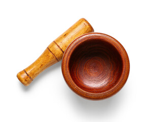 Wooden mortar and pestle isolated on white background