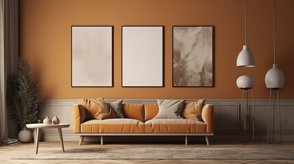 Minimal living room interior design with empty frame. Generative Ai