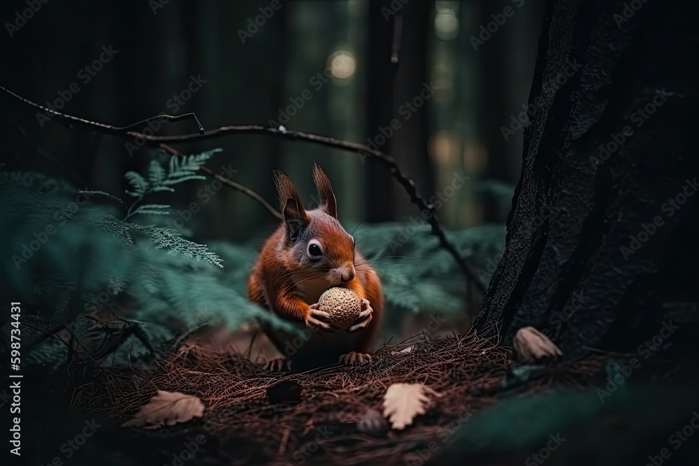 Poster cute squirrel with a nut in its paws in the midst of a lush forest. generative ai generative ai