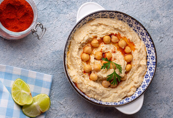 Hummus, chickpea on plate, traditional delicious Turkish food (Turkish name; Humus)