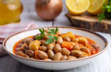 Cranberry Bean Stew Turkish Barbunya Pilaki, Potato and carrot pinto beans (Turkish name; patatesli ve havuclu barbunya)