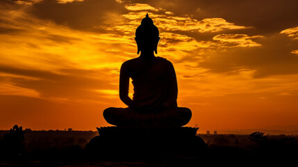 Silhouette of buddha statue at sunset sky background. Illustration AI Generative.