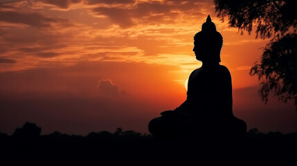 Silhouette of buddha statue at sunset sky background. Illustration AI Generative.
