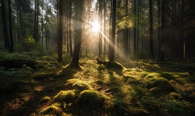  the sun shines through the trees in a forest filled with moss.  generative ai