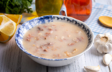 Traditional delicious Turkish food, Turkish traditional tripe soup; iskembe corbasi and offal soup, Turkish Meat Soup Kelle Paca (Turkish name; Kelle paca corbasi)