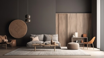 Home mockup, modern grey interior with brown decoration. Generative Ai