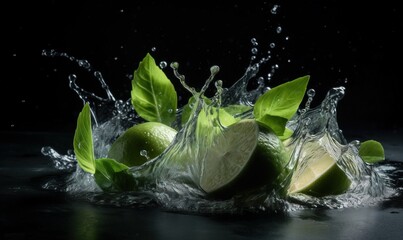 Fototapeta na wymiar limes are splashing into the water with green leaves. generative ai