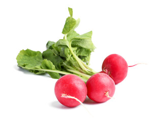 Fresh radishes with leaves on white background