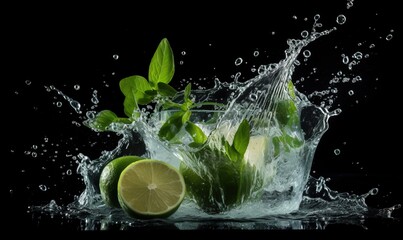  limes and water splashing into a glass of water.  generative ai