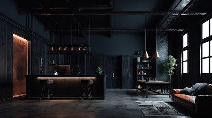 Fototapeta na wymiar Modern dark home interior background, industrial style, 3d render. Generative Ai