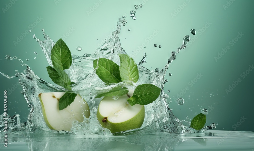 Poster two apples with green leaves and water splashing on them. generative ai